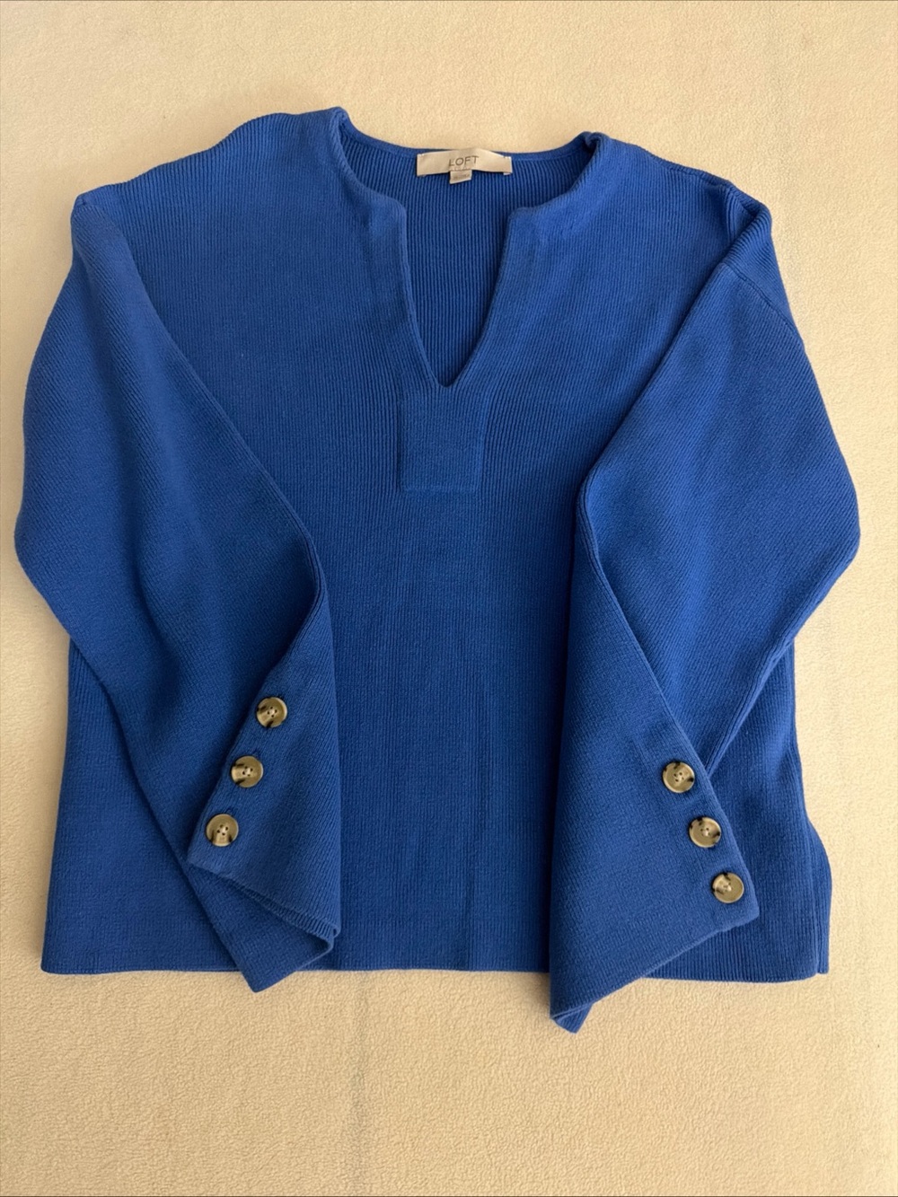 Loft Royal Blue Split-Neck Button Cuff Sweater quiet luxury Sz XS